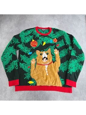 33 Degrees Adult XL Ugly Christmas Sweater Cat Tree 3D Sequin Holiday